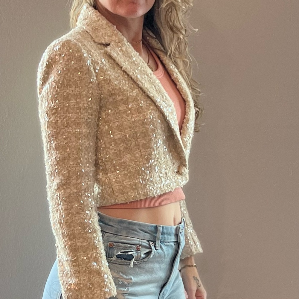 Gianni Bini Sequin Embellished Cream Tweed Jacket size 2